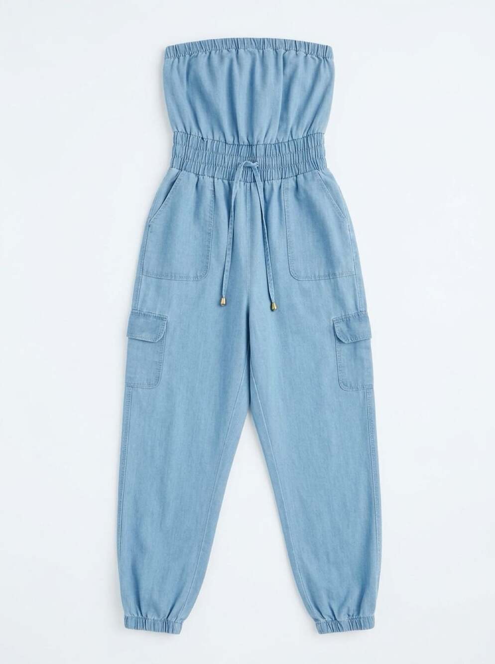 Indulge Dark Blue Denim Jumpsuit Strapless Cargo Jogger pre owned